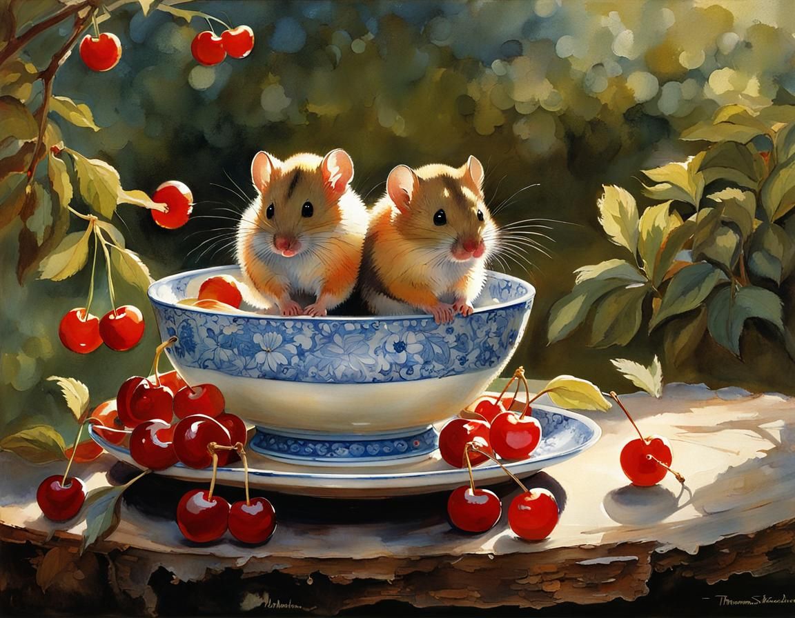 Dormice with Cherries in Gentle Evening Light