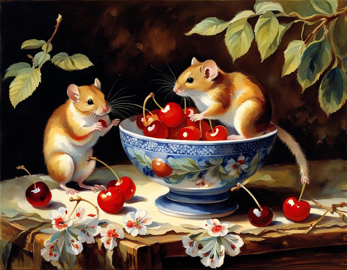 Dormice with Cherries in Watercolor Style