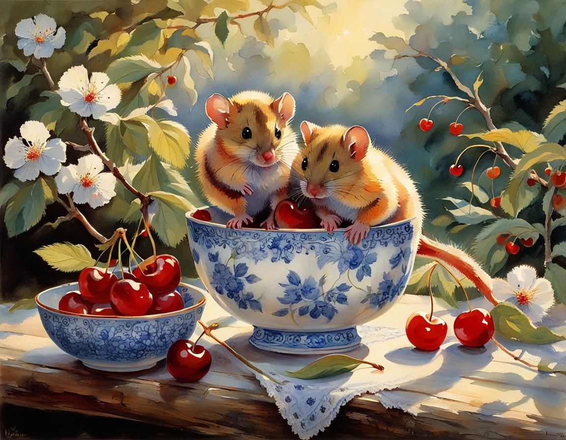 Dormice with Cherries in Watercolor Style