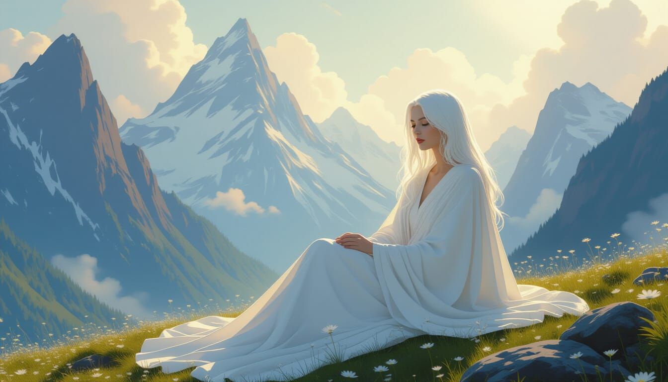 Mystical Woman Wakes Among Mountains in Ethereal Glow