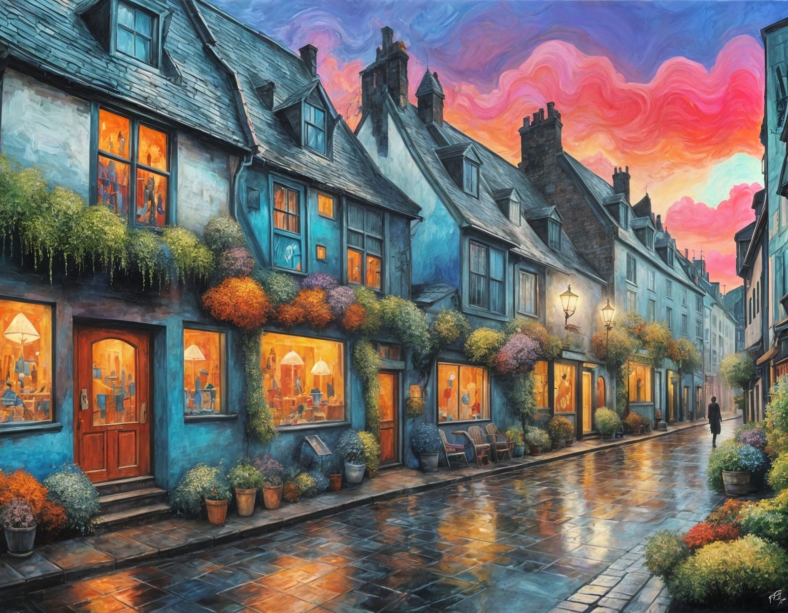 Surreal Twilight Cityscape of Music Buildings and Liquid Col...