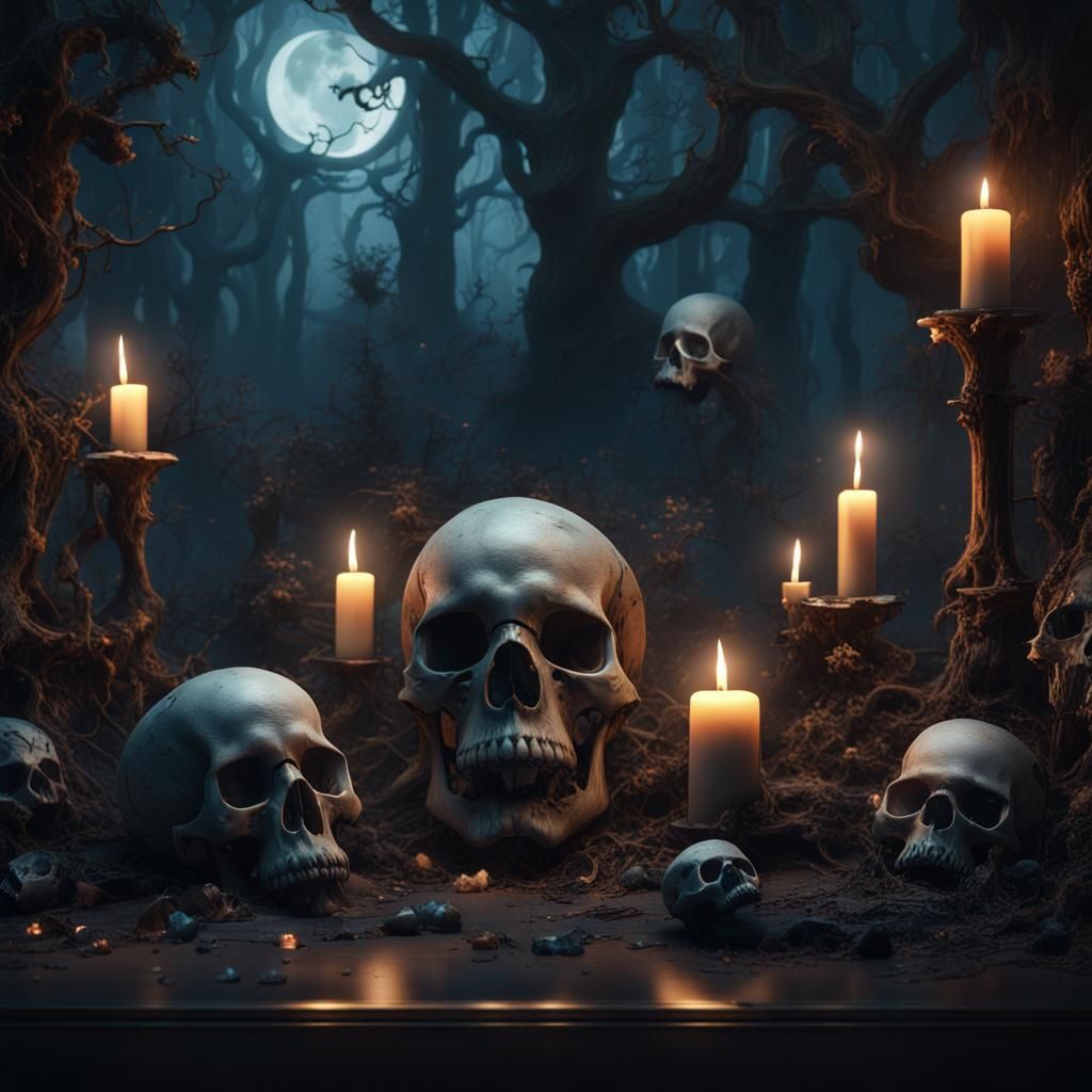 Enchanted Forest at Night with Skulls and Candles