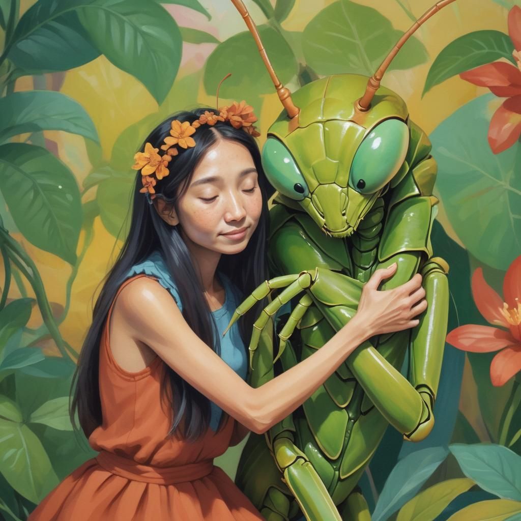 Woman Hugs Human-Sized Praying Mantis