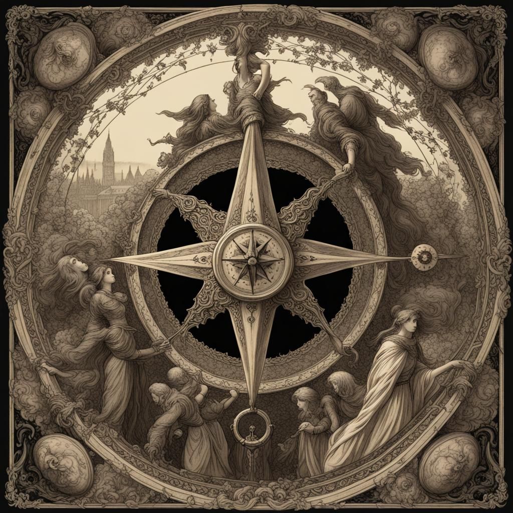 Tarot Card with Wind Rose Compass in Dark Fantasy Style