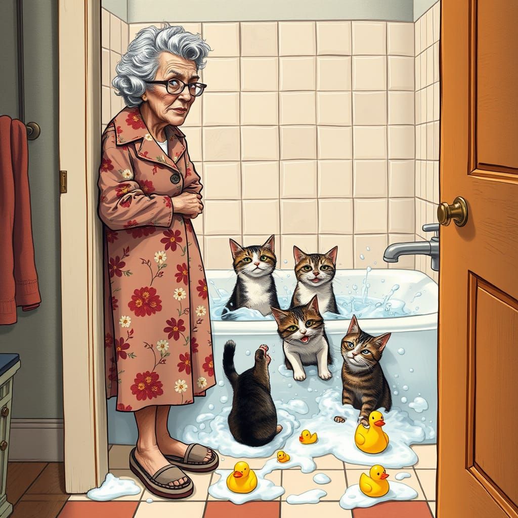 Furious Grandma Confronts Mischievous Cats in Bath