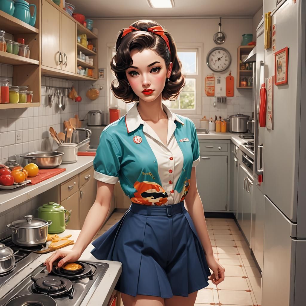 Une jeune femme au foyer pin up habillée avec un look des an...