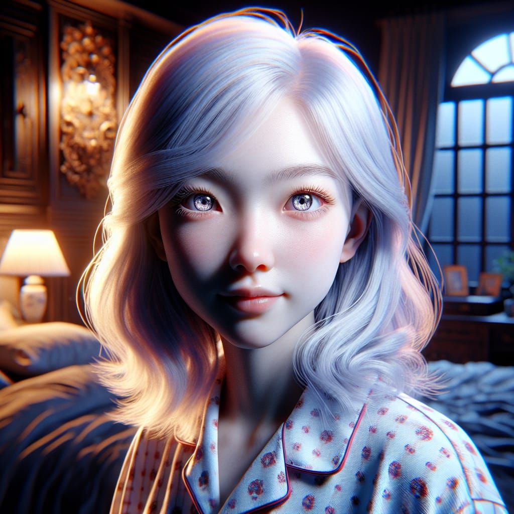 Night Portrait of Girl with White Hair