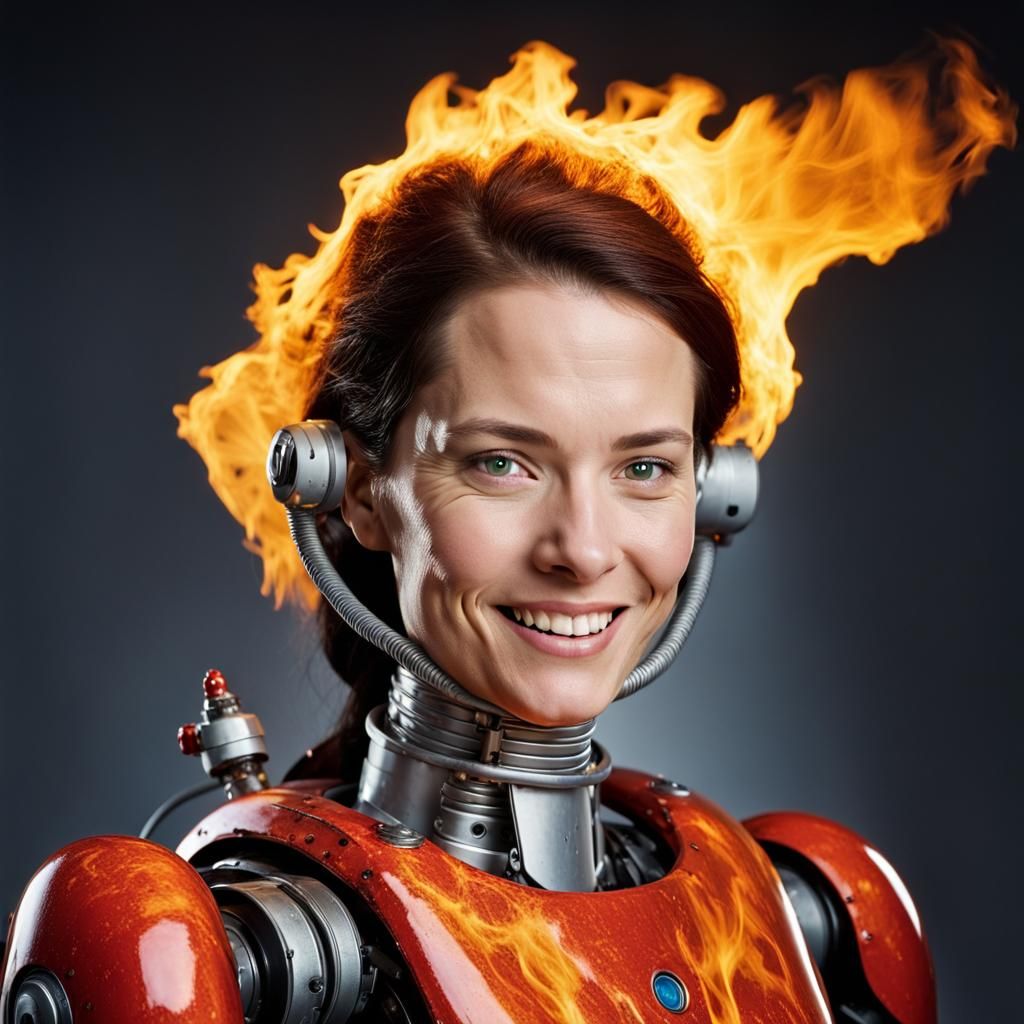 Smiling Female Robot with Flamethrower Portrait