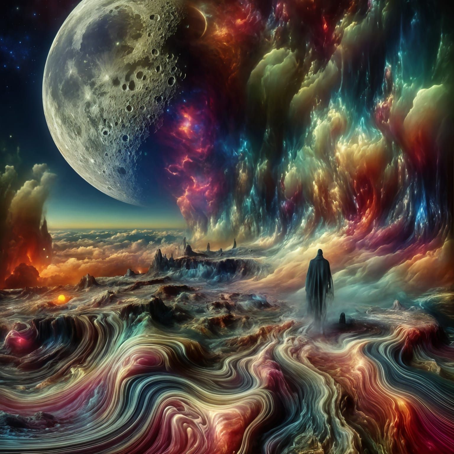 Surreal Dreamscape with Colossal Moon and Ethereal Faces