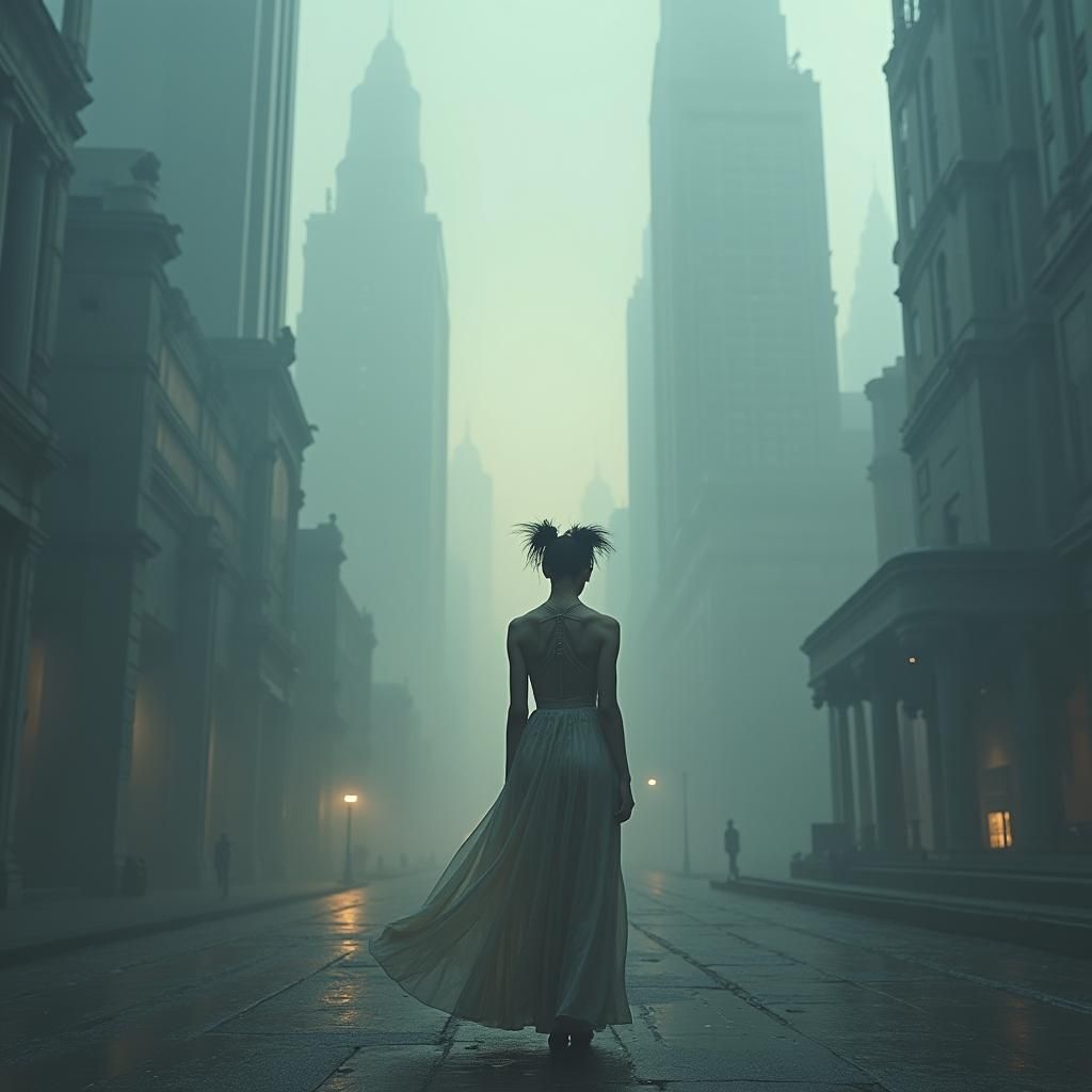 Androgynous Figure at Crossroads in Dreamlike Cityscape