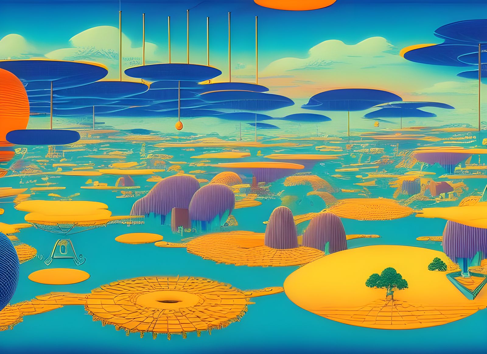 Surreal Dreamscape with Floating Platforms in Ukiyo-e Style