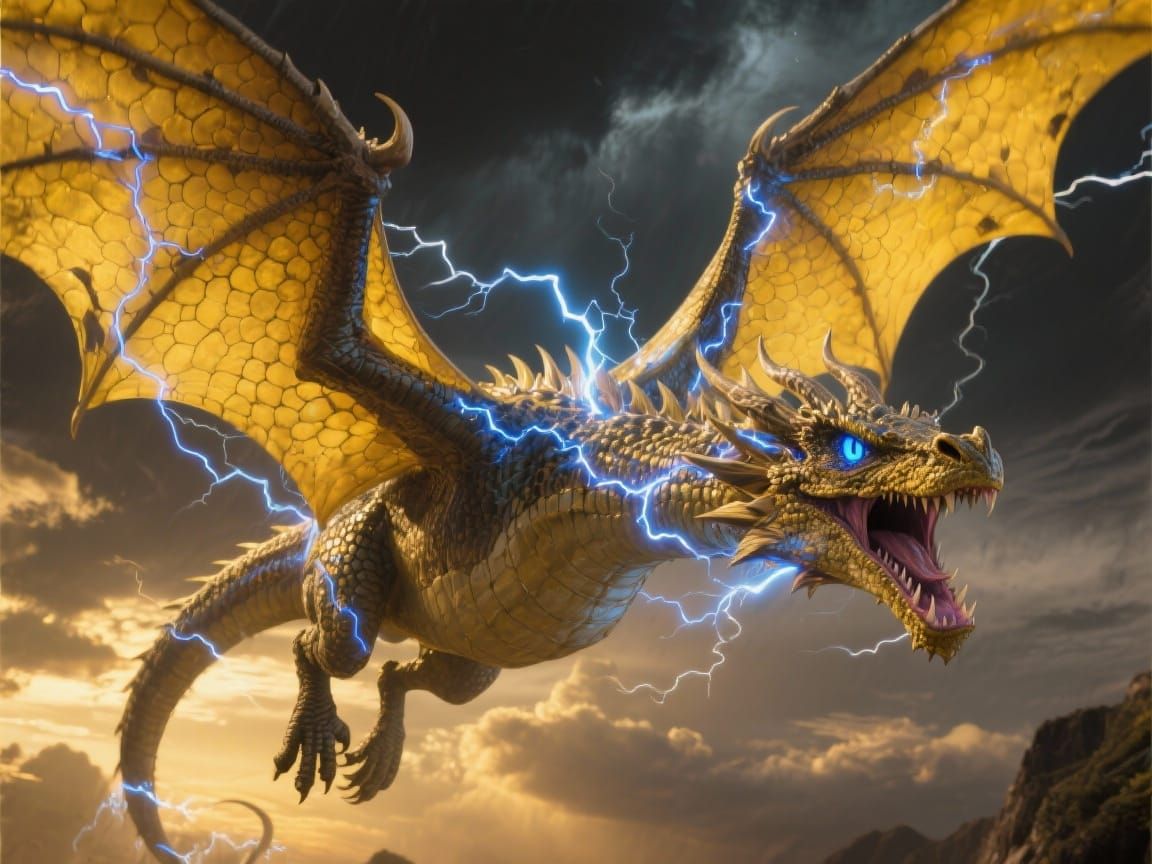 Imperial Yellow Dragon in Stormy Sky