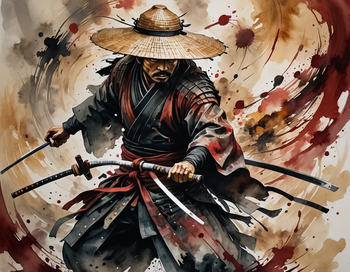 Samurai in Abstract Vortex: Action Painting in Anime Style