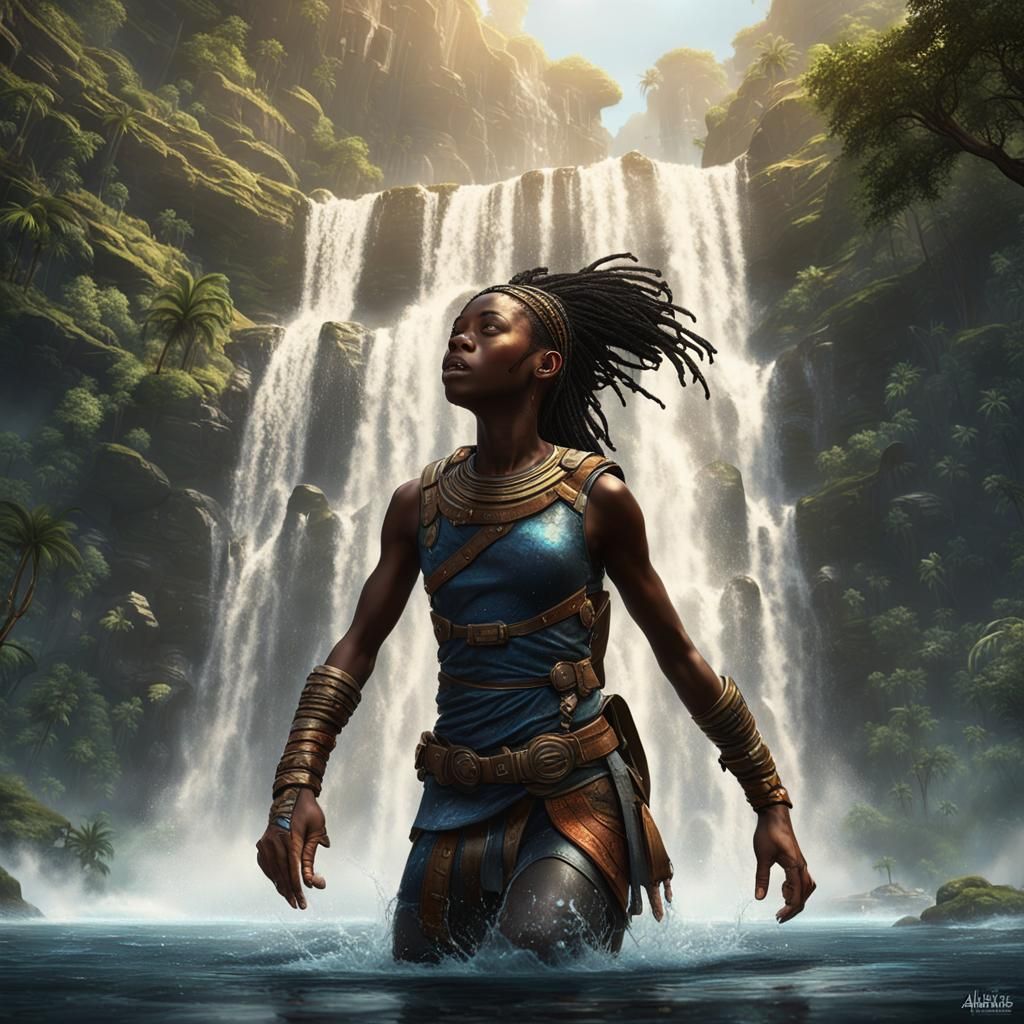 Amazon Warrior Falling in Futuristic Africa