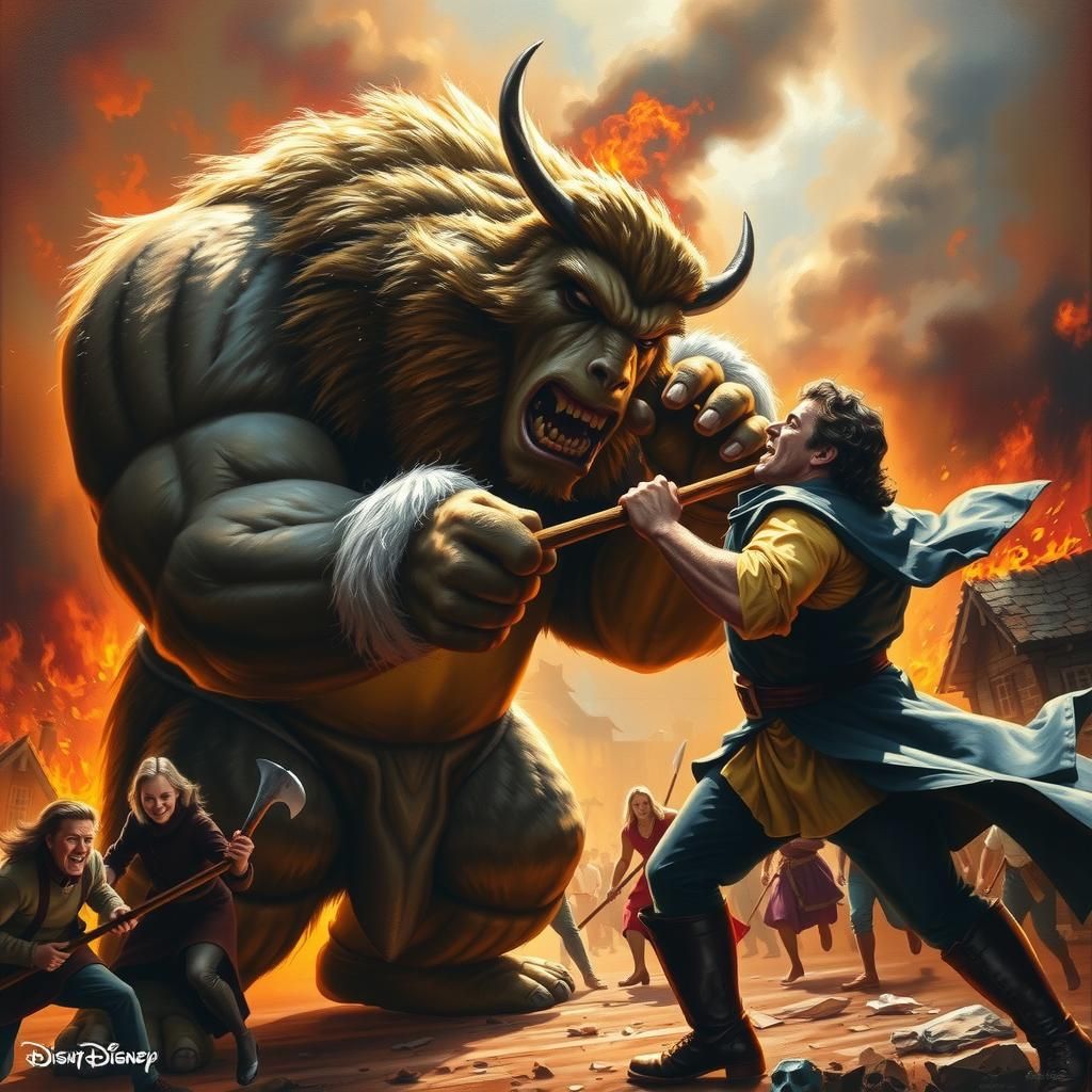 Climactic Battle Between Beast and Hunter in Burning Village