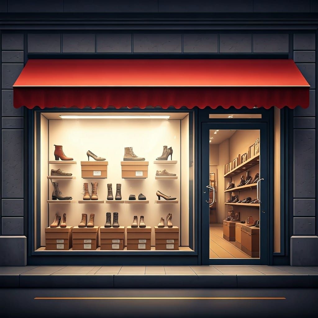 Sleek Shoe Store Exterior with Display Window and Entrance