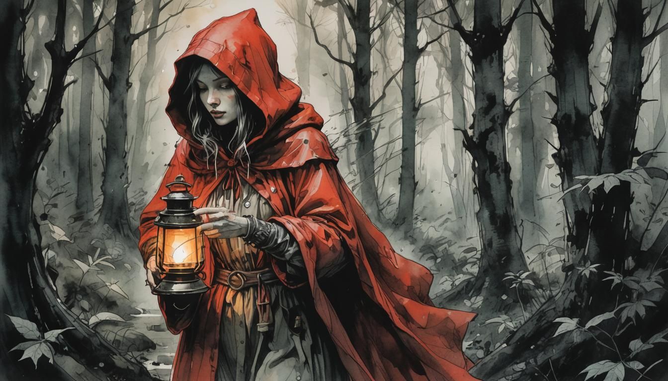 Red Riding Hood in Deep Forest: Watercolor Sketch