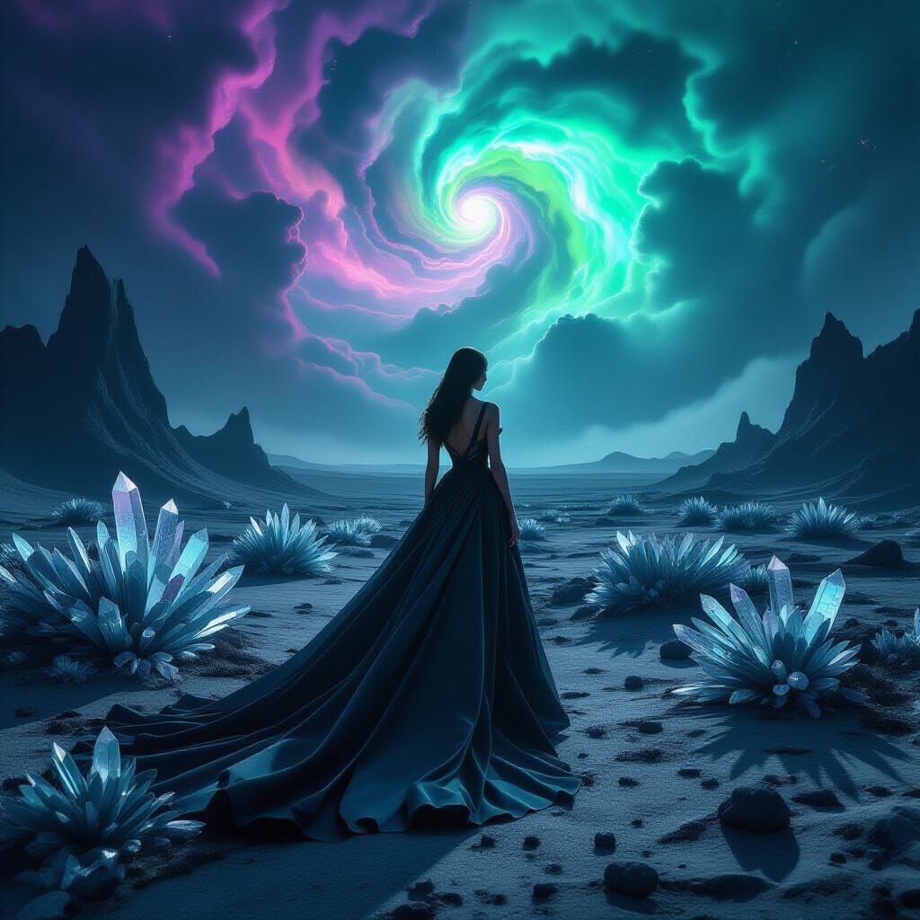 Woman on Alien Planet Under Nebula Sky