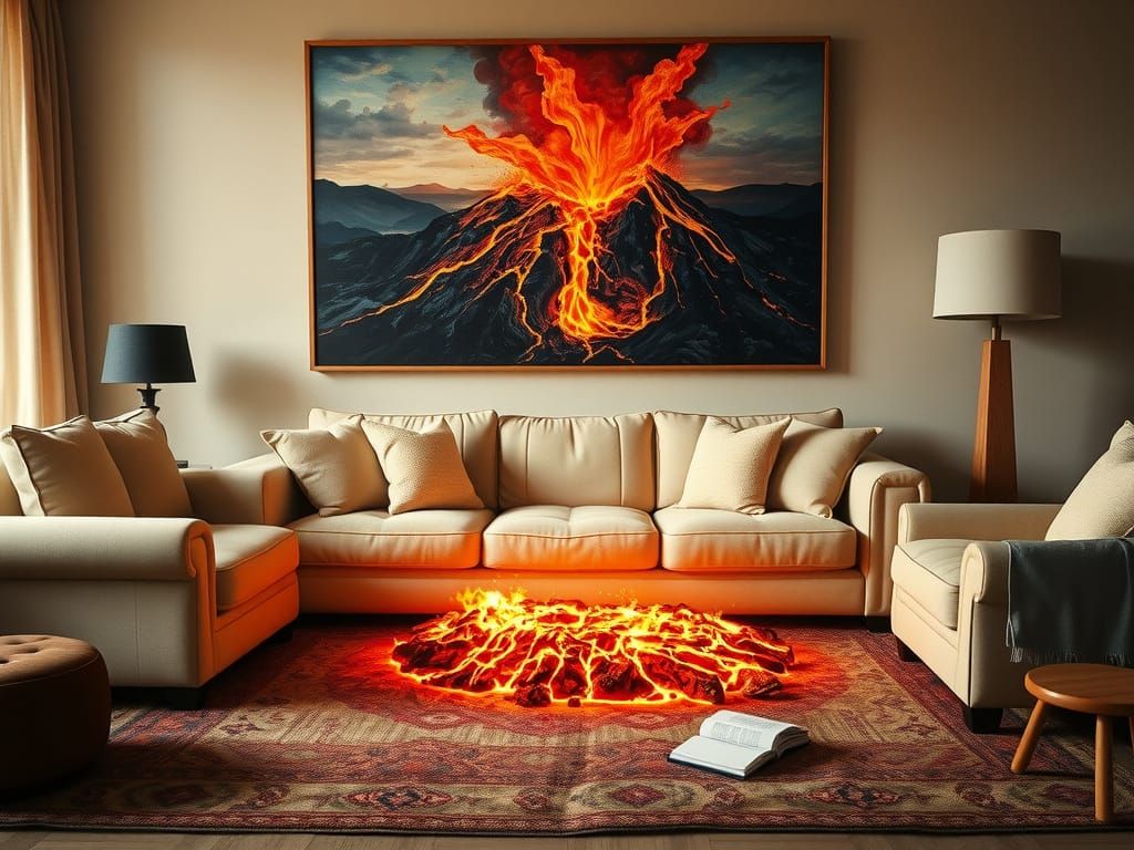 Cozy Living Room with Volcanic Eruption