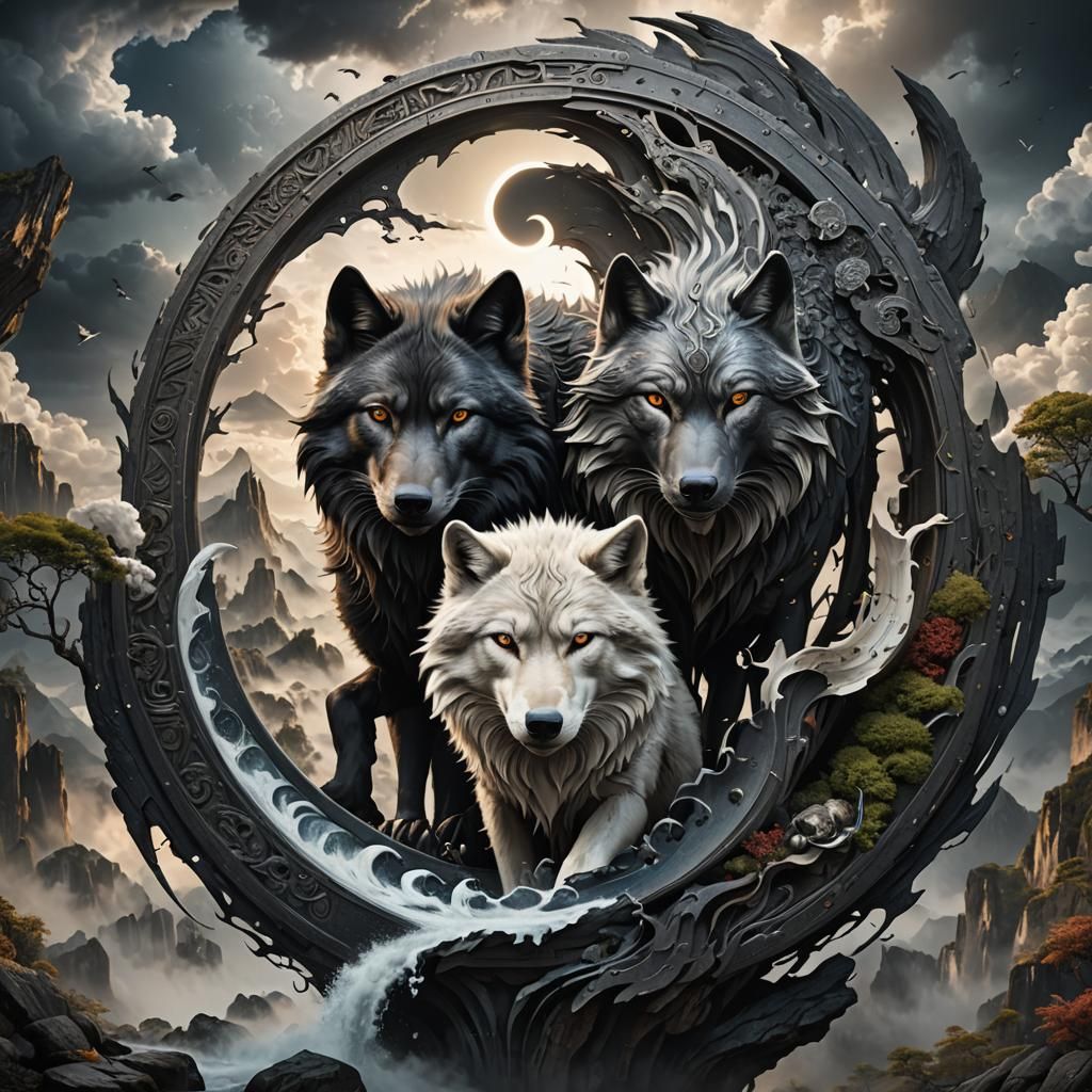 Yin Yang Wolves in Digital Matte Painting