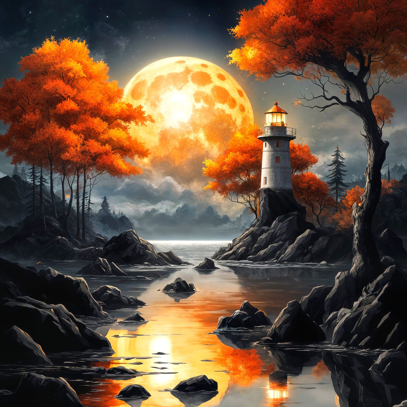 A surreal fantasy lighthouse standing on rugged black rocks,...
