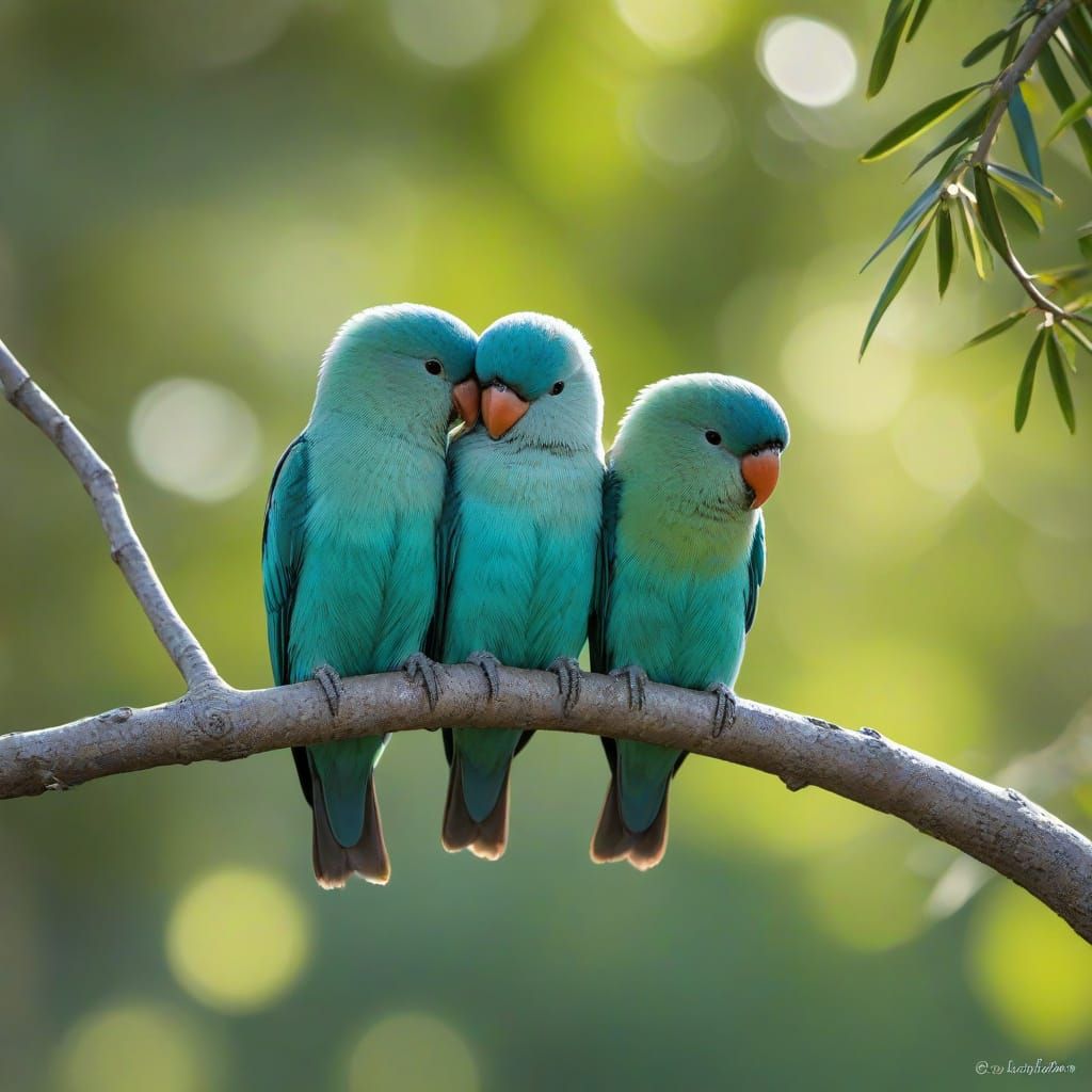 Turquoise Lovebirds Cuddling in Afternoon Light