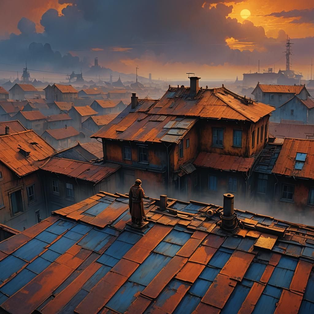 Sunset on Rusty Roof in High-Contrast Fantasy Art