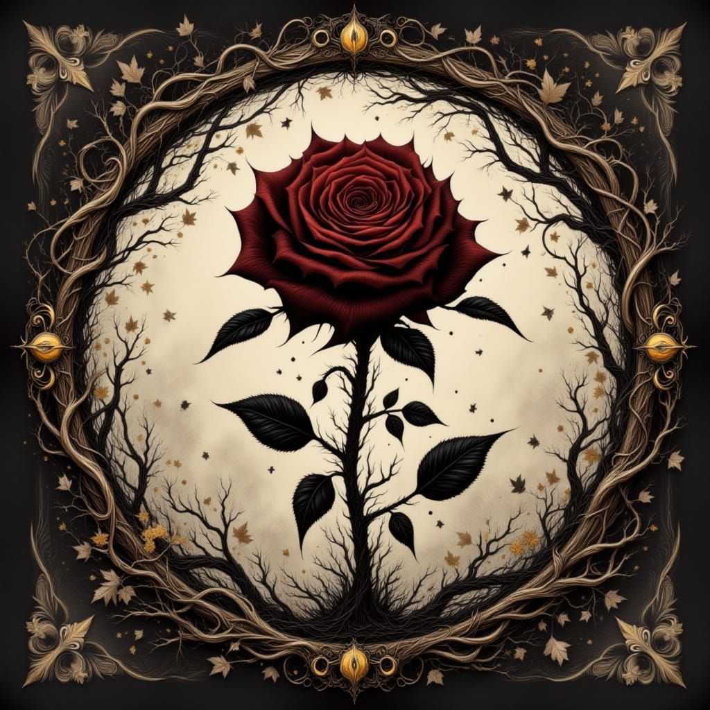 Rose With Thorns Silhouette and Gold Ivy Details