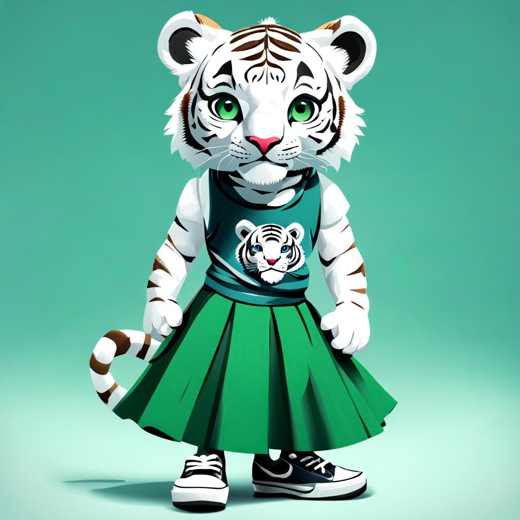 Anthropomorphic White Tigress Cub in Green Gown, 3D Art