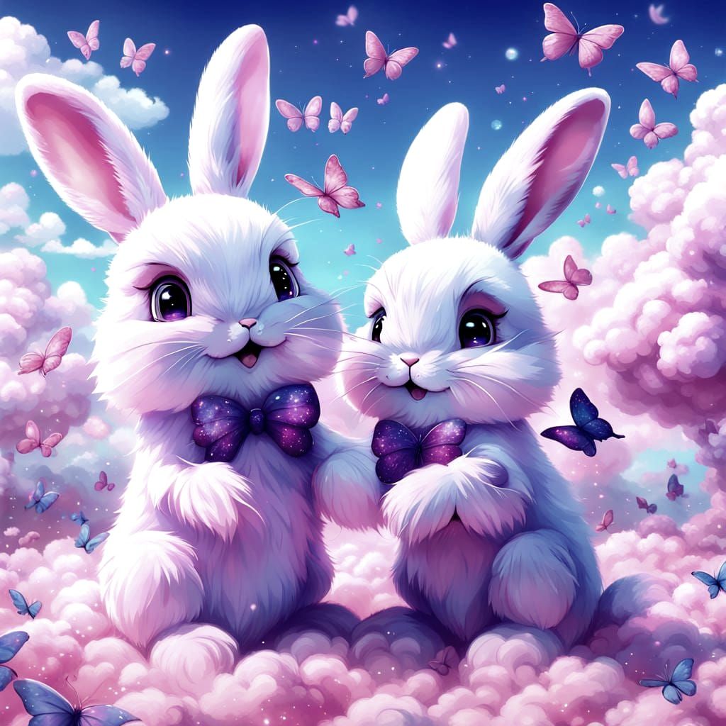 Fluffy Pink Rabbits with Purple Butterflies in Anime Style