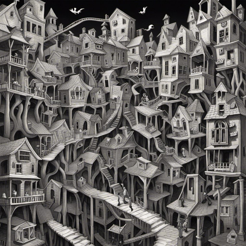 Surreal Grayscale Ghost Town in Burton-Escher Style