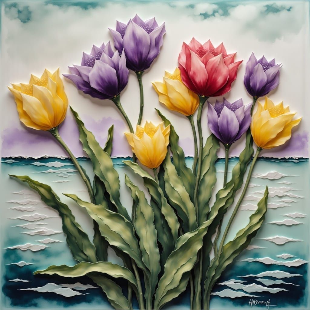 Vibrant Tulips with Ocean View, Digital Art