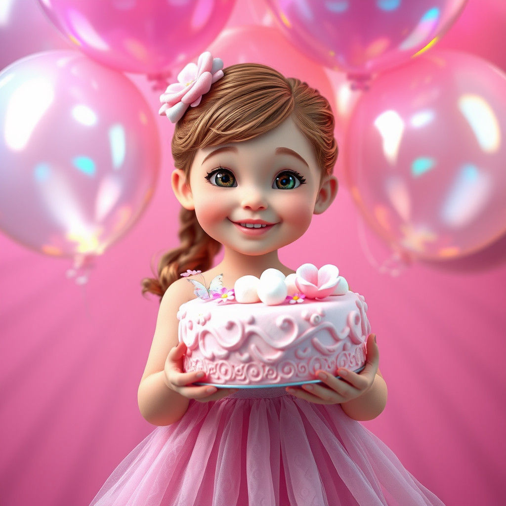 Girl with Pink Cake in Pixar 3D Style