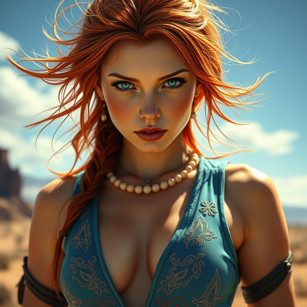 Redhead Woman in Western Landscape, Splash Art Style
