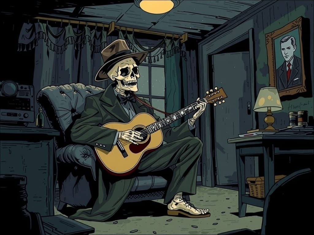 Skeleton Detective Plays Guitar in 1940s Comic Style
