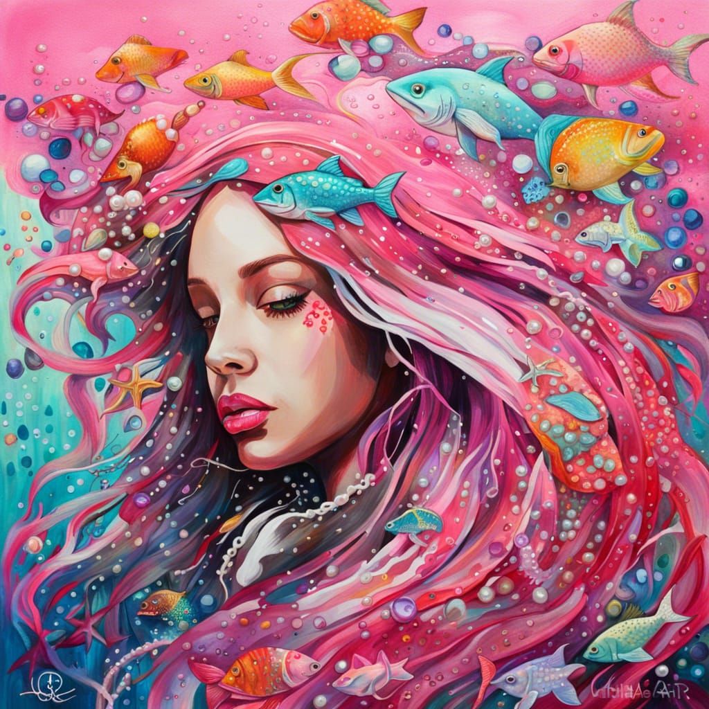 Mermaid in Graffiti Art Style with Pink Scales