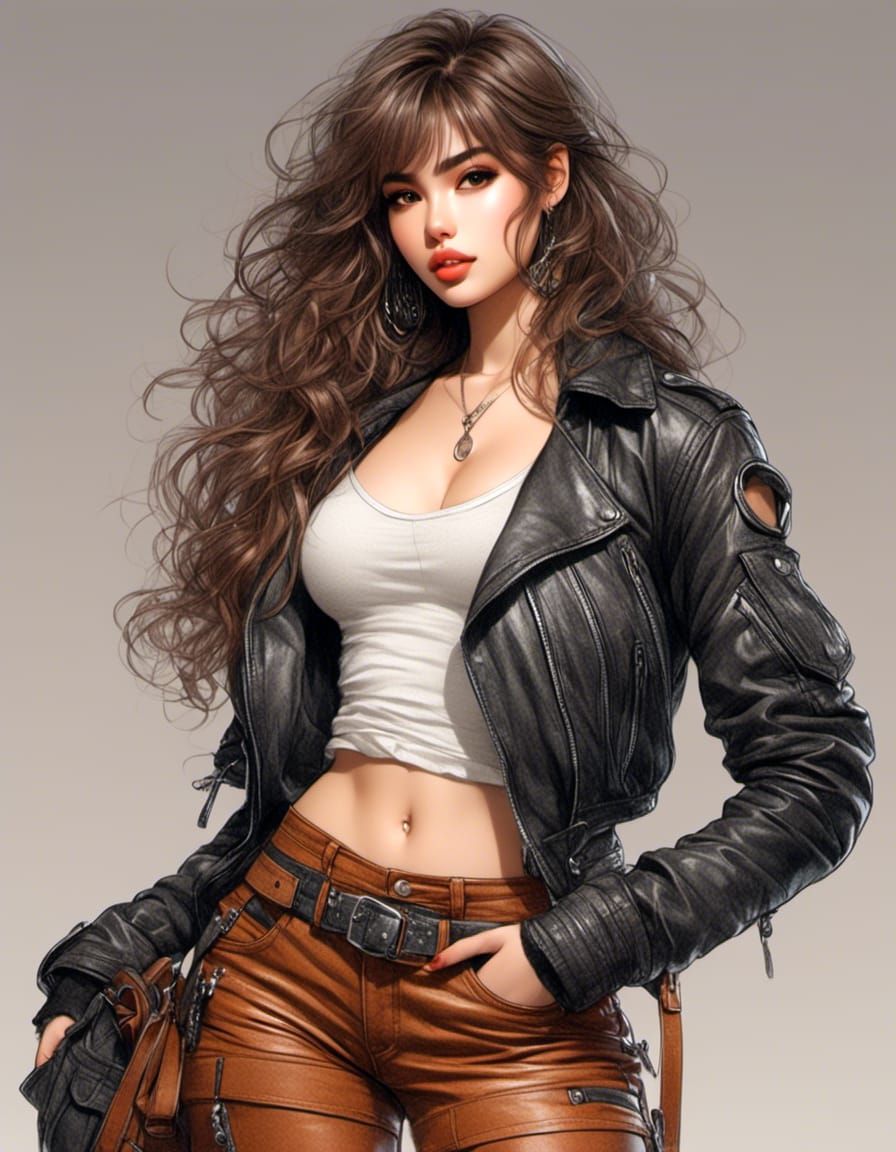 Anime Girl in Leather: Hyperdetailed Color Sketch Portrait