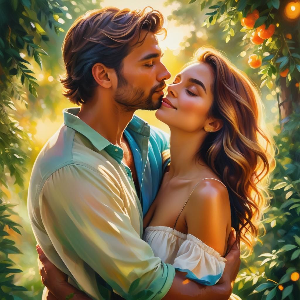 Romantic Couple Embracing in Triadic Color Oil Painting