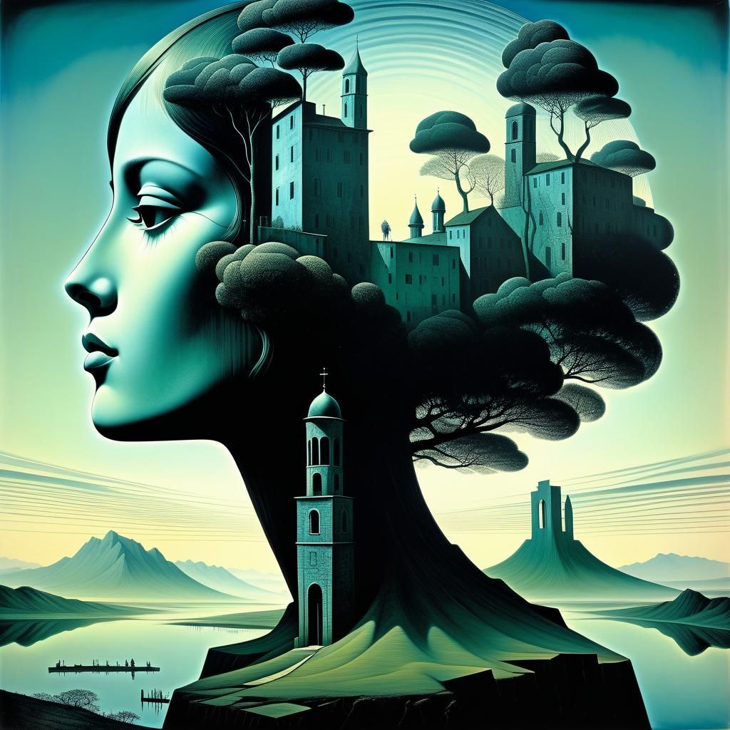 Surreal Cubist Dreamscape Double Exposure