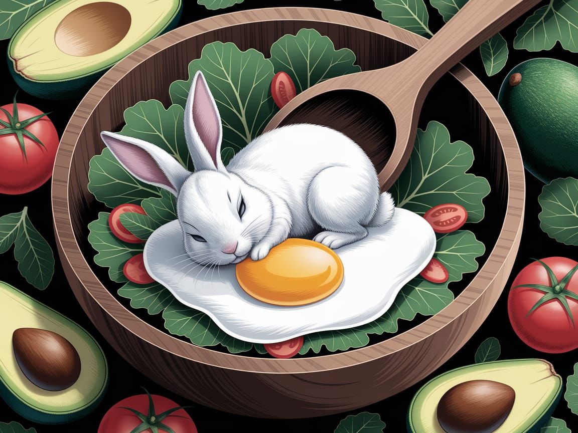 Fantasy Art of Bunny Sleeping on Salad with Egg Blanket
