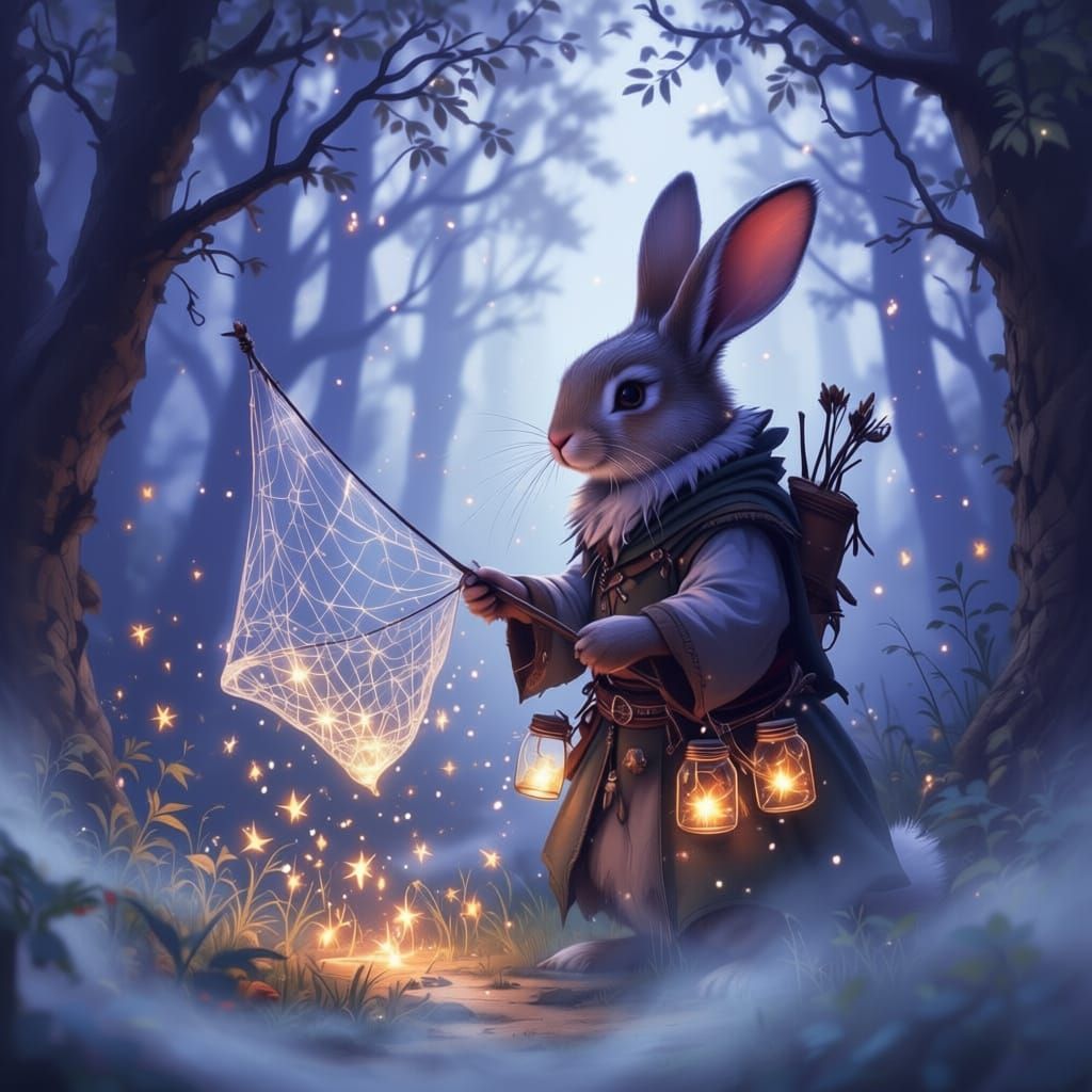 Rabbit Wizard Harvesting Echoes in Ancient Forest