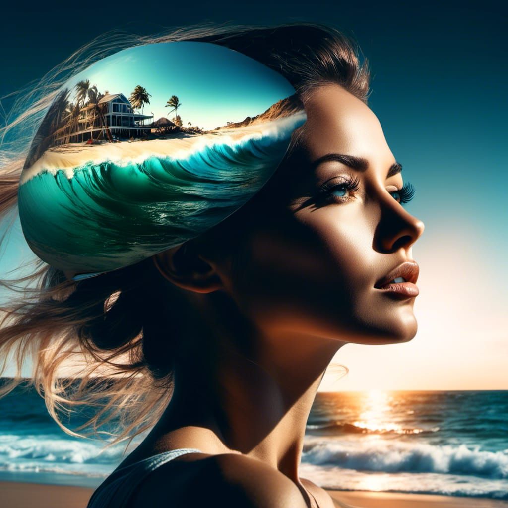 Double Exposure Portrait: Woman and Beach