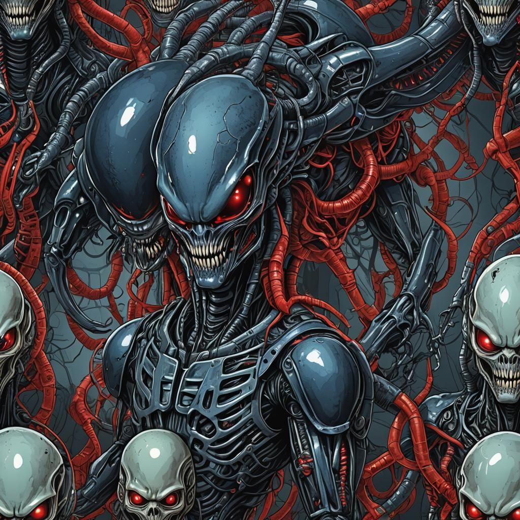 Biomechanical Horror: Puppen-Xenomorph Hybrid in Fiery Aura