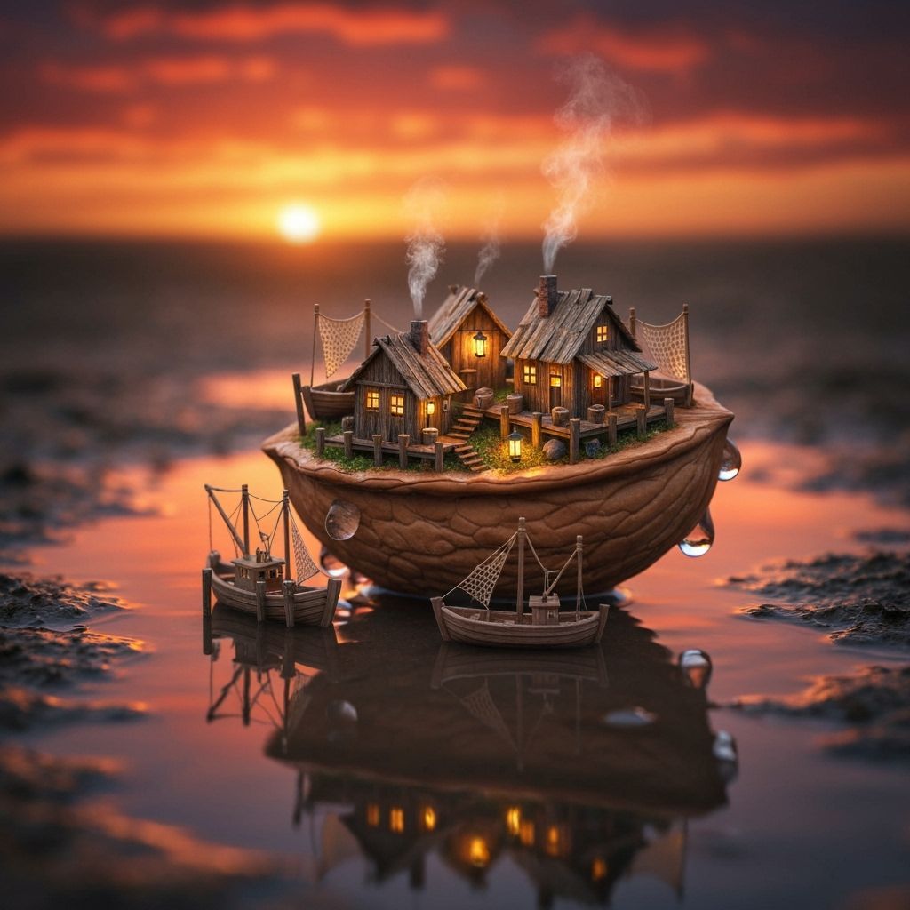 Miniature Fishing Village Inside Walnut Shell, Hyper-Realist...