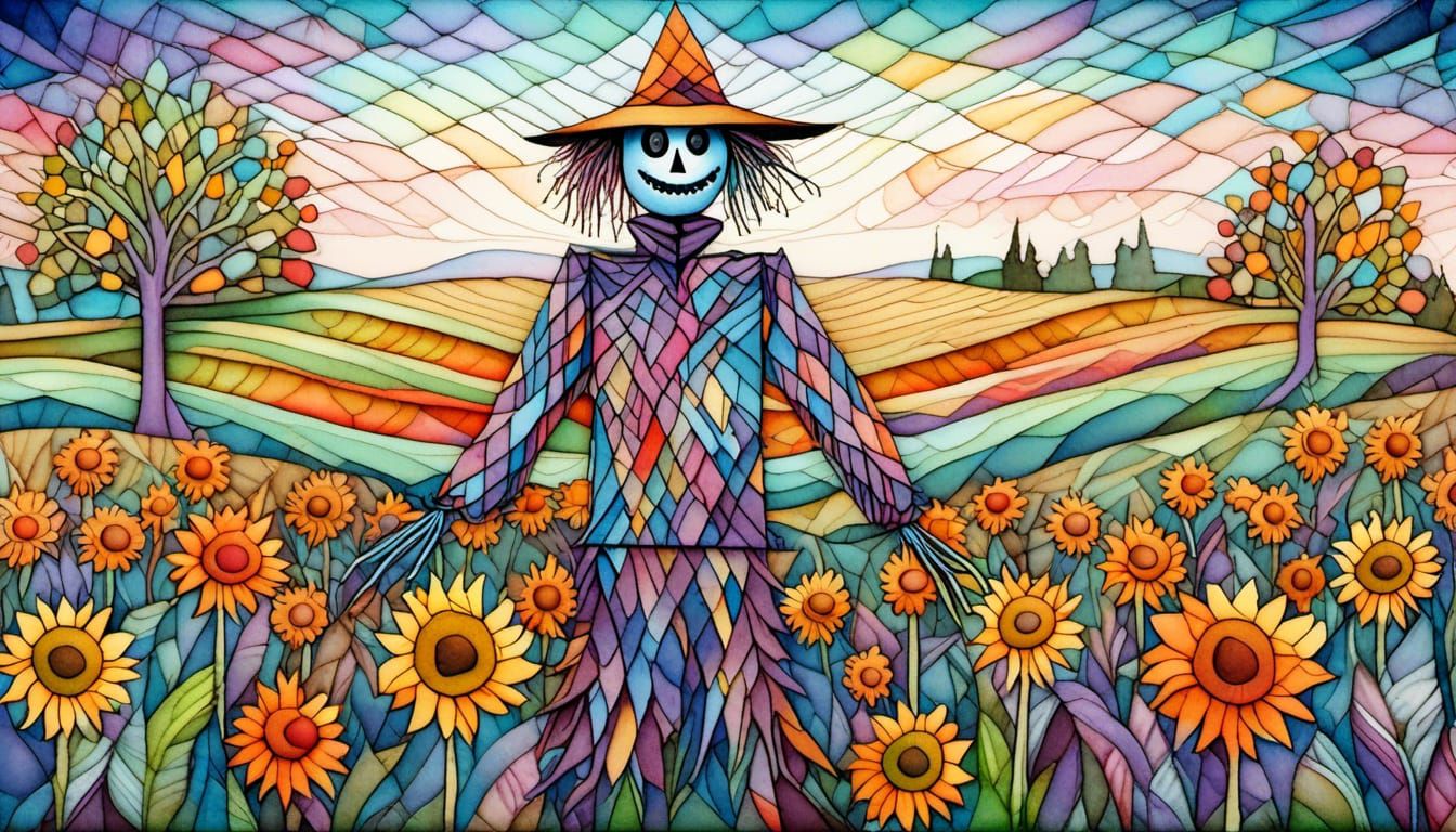 Geometric Scarecrow in Field: Vivid Watercolor Illustration