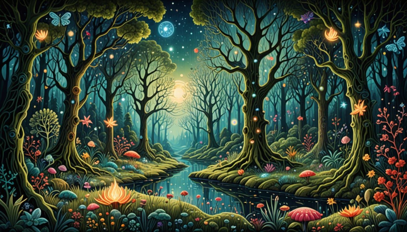 Tapestry Trees in Surreal Forest Glade