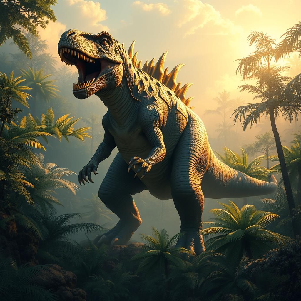 Armored Dinosaur Roaring in Prehistoric Forest Art