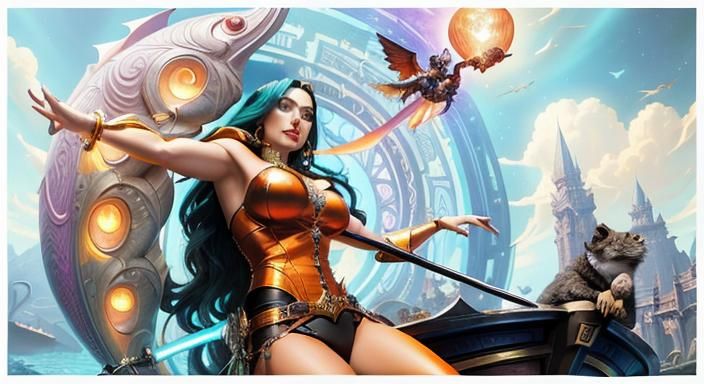 Women on Boat with Sea Creatures: Cinematic Fantasy Art