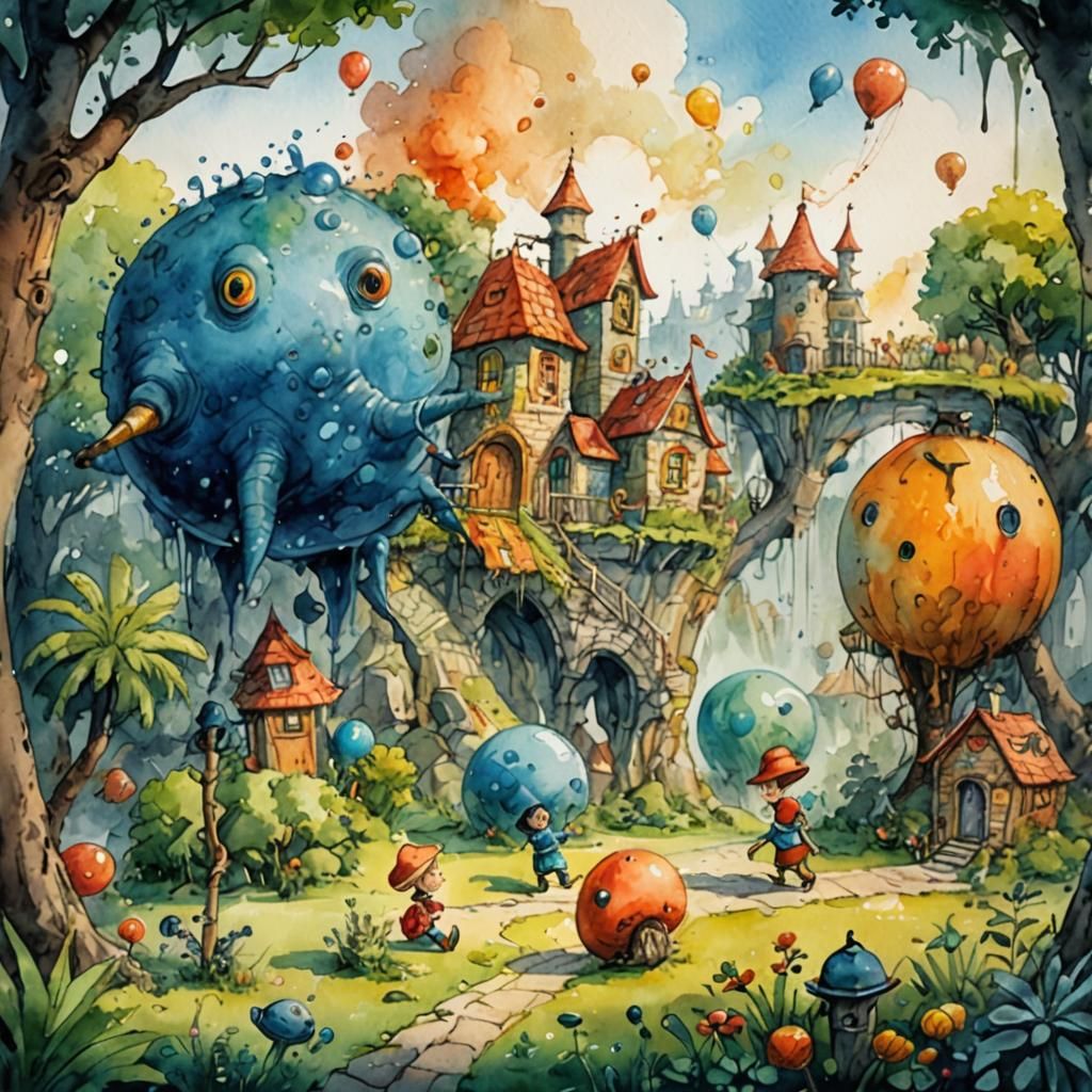 Full colour watercolor painting ink wash style children's book illustration for 3 to 5 year old children. whimsical. com...