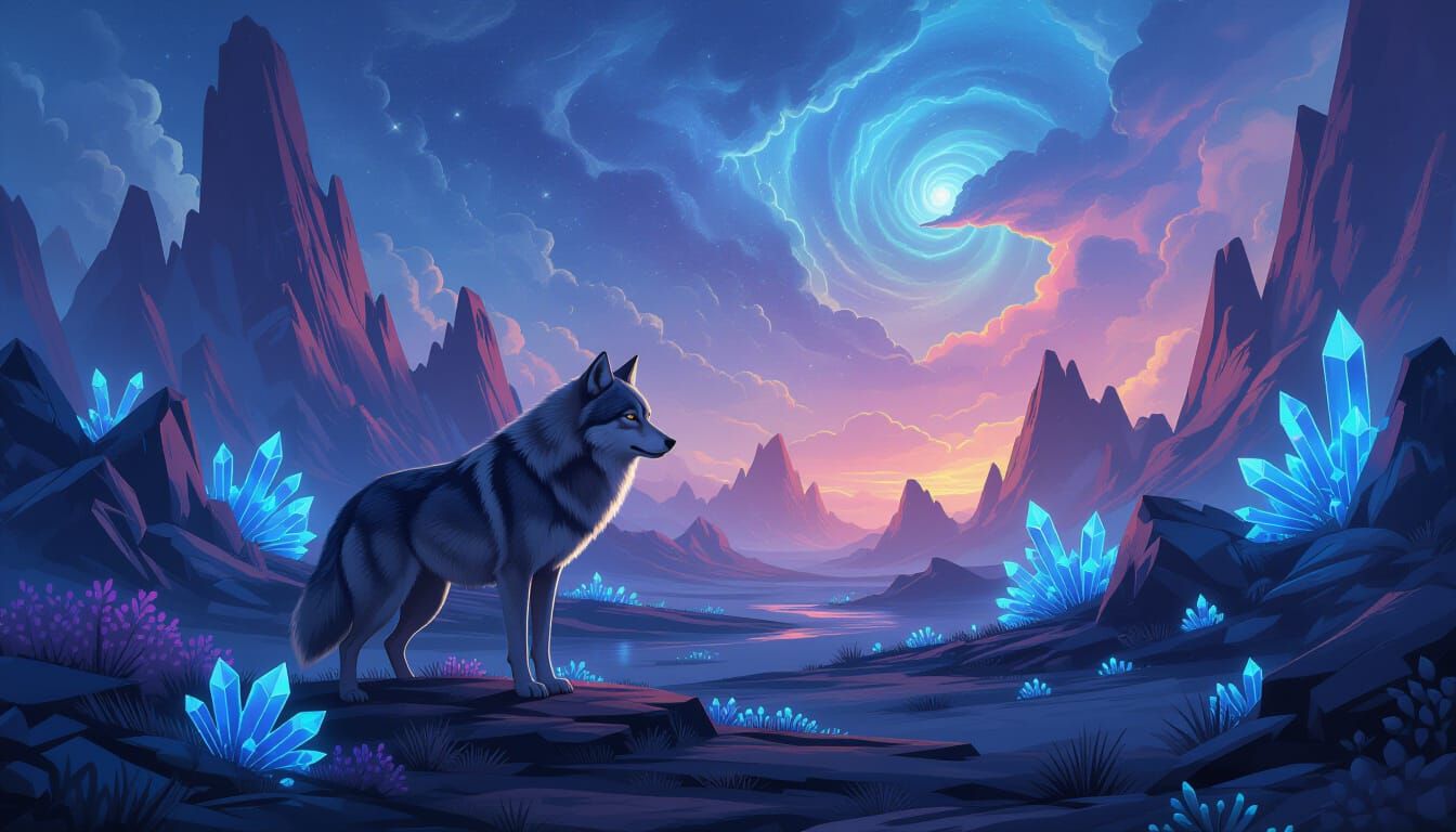 Majestic Wolf in Alien Fantasy Landscape
